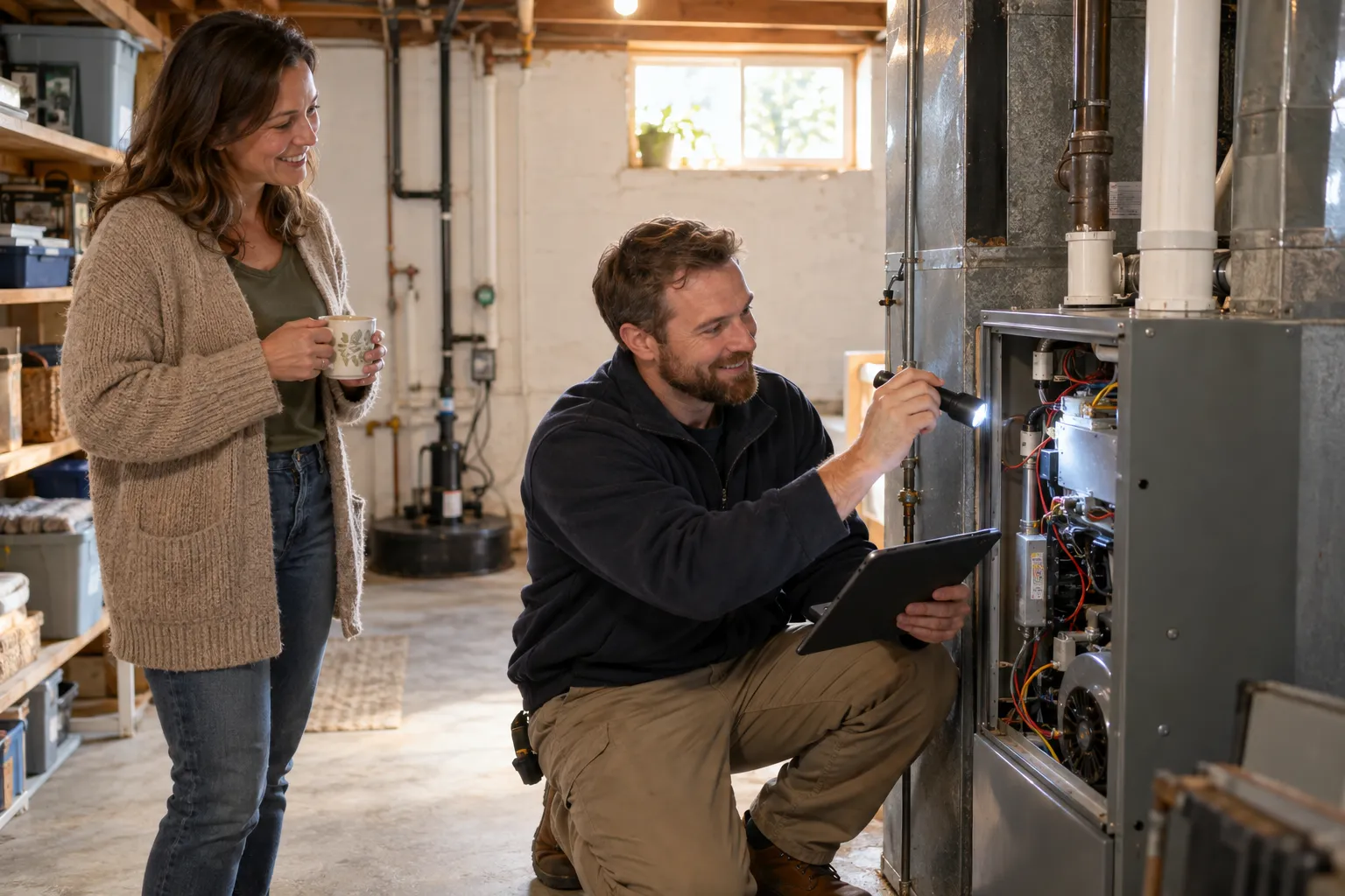A friendly HVAC provider kneeling beside a gas furnace in a tidy basement while a homeowner in Warren looks on