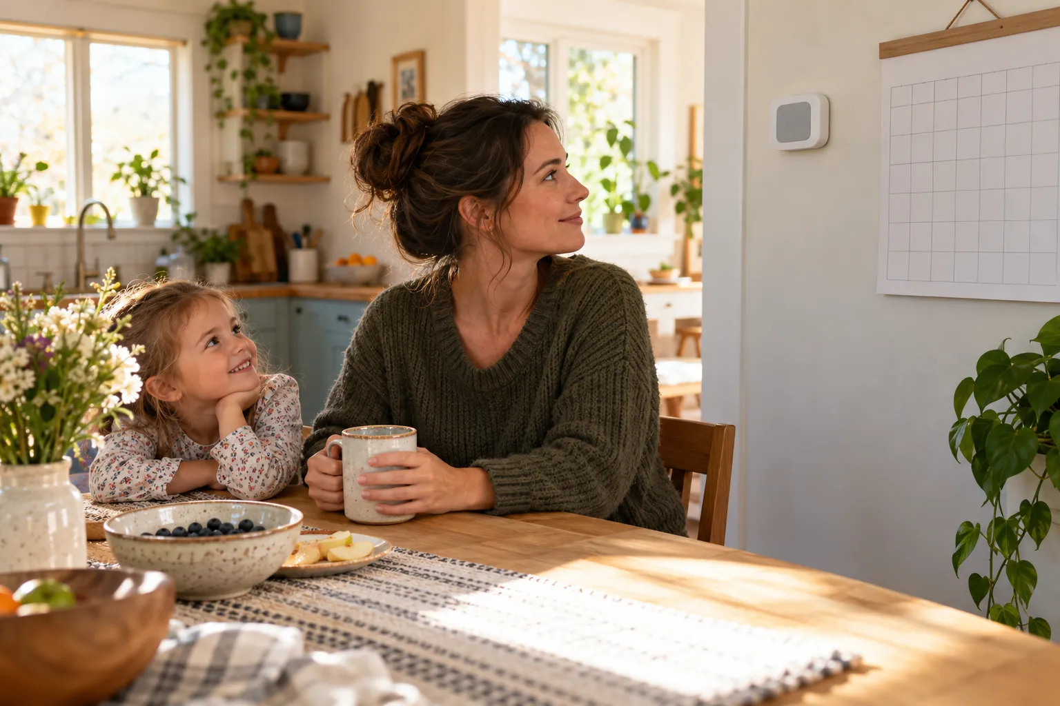 A family at the kitchen table checking their thermostat and planning a service visit in the Warren area